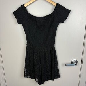 Hollister Black Lace Off Shoulder Smocked Romper Jumper Y2K Coquette‎ Babydoll